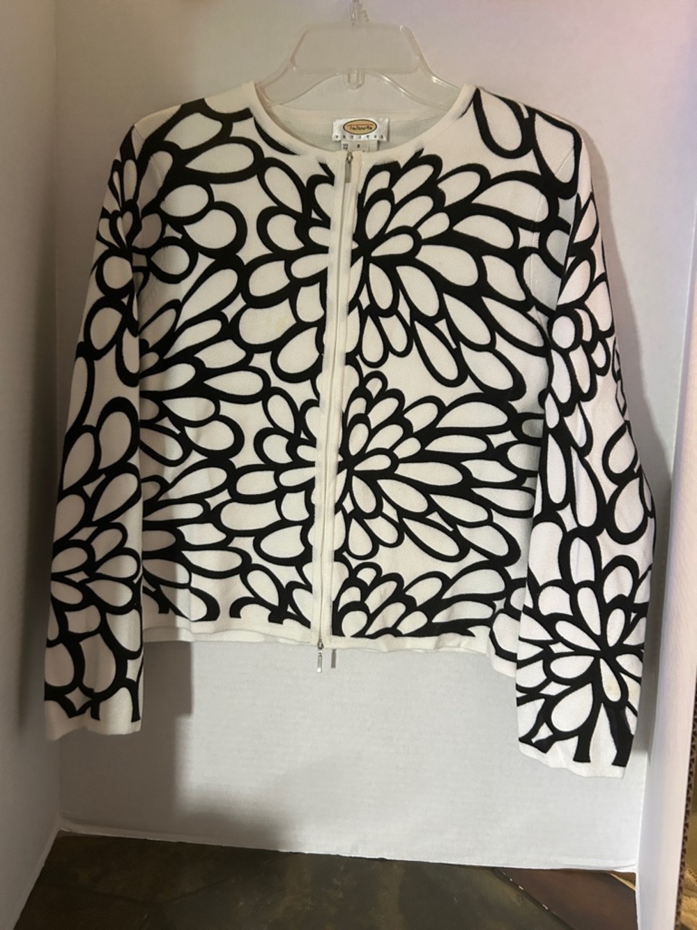 Talbots Black and White Floral Zip Cardigan